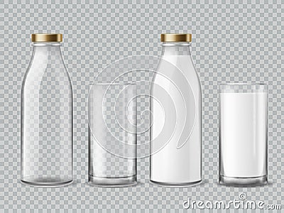 Milk bottle and glass. Empty and full milk realistic bottles glasses dairy beverage product isolated vector mockup Vector Illustration