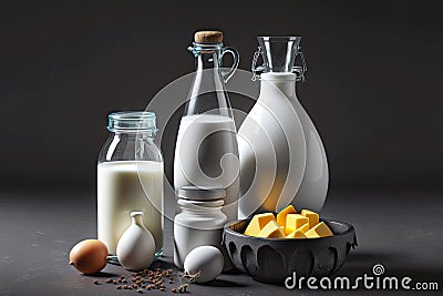 milk in bottles of eggs and dairy product on dark gray background Stock Photo