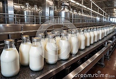 Milk bottles moving along a conveyor belt. Generative AI Stock Photo