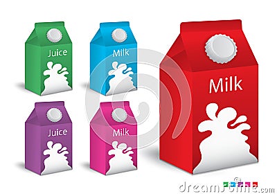 Milk boxes, Juice boxes set Vector realistic. Mock-up packages. Color paper drink packaging 3D. product design Vector Illustration
