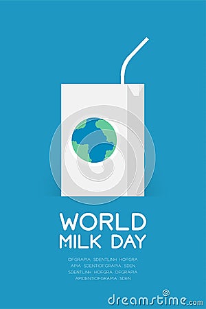 Milk Box, Straw and globe decoration, World Milk Day concept fla Vector Illustration