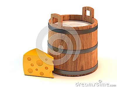 Milk bucket and a piece of cheese Stock Photo