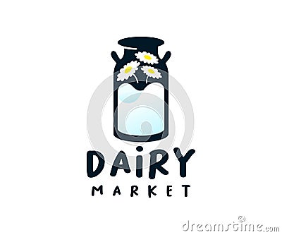 Milk can with milk and flowers, logo design. Dairy, food, cow farm and rancho, vector design Vector Illustration