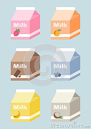 Milk cartons set with strawberry, peach, chocolate, blueberry, banana, coconut Vector Illustration