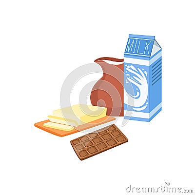 Milk, Chocolate And Butter Baking Process Kitchen Equipment Isolated Item Vector Illustration