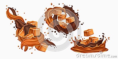 Milk chocolate, caramel splash, swirl liquid. Butter drip and candy in cream wave, sweet melting drink flow, brown Vector Illustration