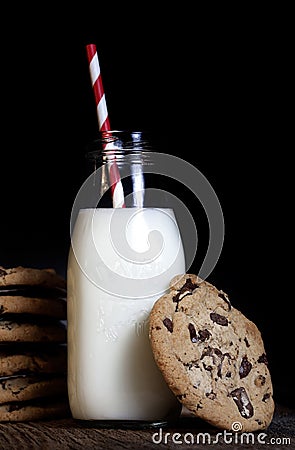 Milk and Chocolate Chip Cookies Stock Photo