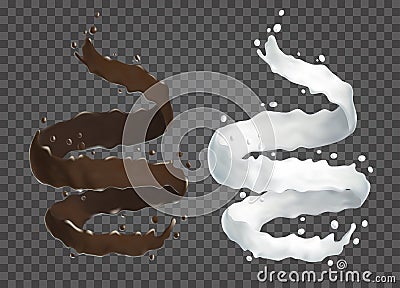 Milk and chocolate flowing. 3d Realistic liquid spiral on transparent background. Natural dairy products vector. Vector Illustration