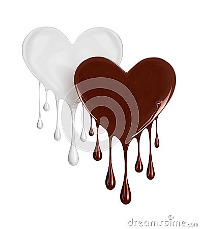 Milk and Chocolate heart with dripping drops on a white background Stock Photo