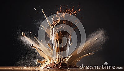 Milk chocolate shake on a dark background. A large amount of dark chocolate poured over frothed cream. An explosion of flavors. Cartoon Illustration