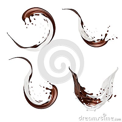 Milk and chocolate splashes vector isolated over white background. pouring liquid or milkshake falling with drops and Vector Illustration