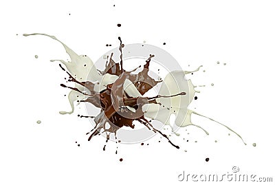 Milk and chocolate streams splashing against each other in white space Stock Photo