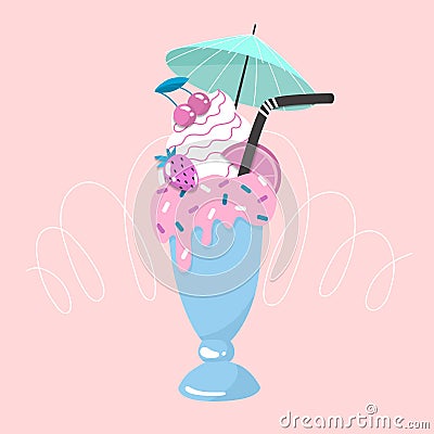 Milk cocktail with strawberry, cherry, orange, cream, straw, umbrella, candy. Vector Illustration