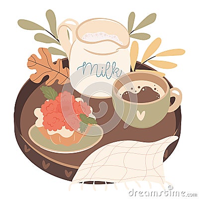 Milk and coffee on the wooden tray, with raspberry cupcake. Cozy autumn morning breakfast Vector Illustration