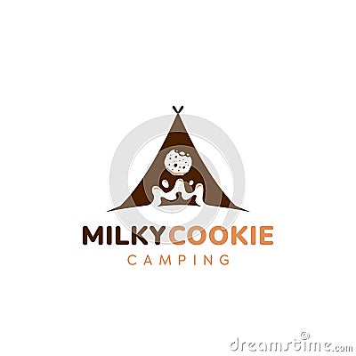 Milk and cookie, milky cookies camping club logo icon symbol vector with dark brown chocolate tent illustration Vector Illustration