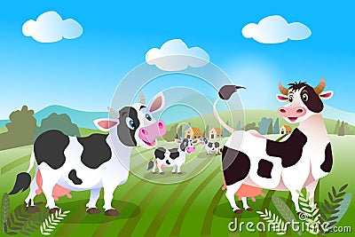 Milk cows grazing in pasture, eating grass. Farm domestic animals, heifers in grassland. Free-range cattle on farmland. Country Cartoon Illustration