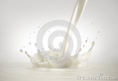 Milk pour and crown splash in milk pool with ripples. Stock Photo