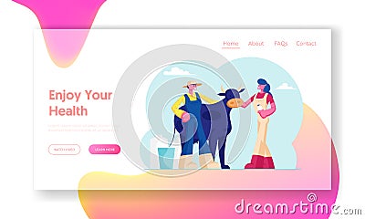 Milk and Dairy Agriculture Products Website Landing Page. Milkmaid and Farmer Stand near Cow with Bottle and Bucket Vector Illustration