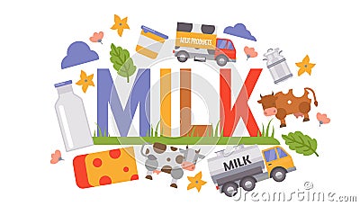 Milk and dairy production processing vector illustration. Milk delivery truck, cow, milky containers and bottle, cheese Vector Illustration