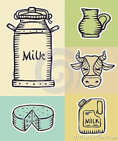Milk and dairy products hand drawn set Cartoon Illustration