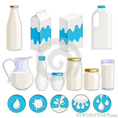 Milk dairy products icons set. Vector Illustration