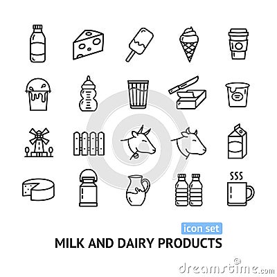 Milk Dairy Products Signs Black Thin Line Icon Set. Vector Vector Illustration