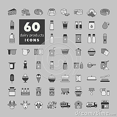 Milk, dairy products vector grayscale icon set Vector Illustration