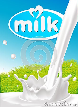 Milk design with pouring splash of milk and green grass Vector Illustration