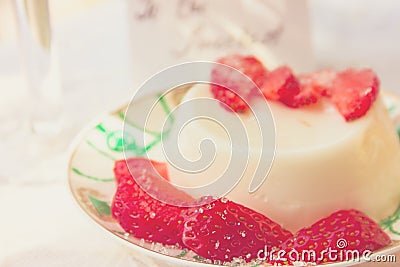Milk Dessert with Strawberries Stock Photo
