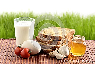 Milk, egg, bread, tomatoes, garlic and honey Stock Photo