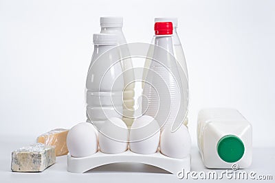 Milk eggs cheese fresh refrigerator. drink bottle Stock Photo