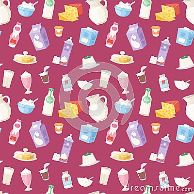 Milk everyday products food and milky dairy drinks vector seamless pattern background Vector Illustration