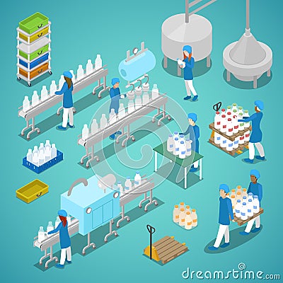 Milk Factory. Automated Production Line in Dairy Plant with Workers. Isometric flat 3d illustration Vector Illustration