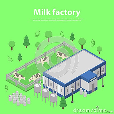 Milk factory concept banner, isometric style Vector Illustration