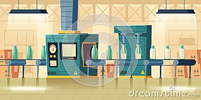 Milk factory interior, glass bottles on conveyor Vector Illustration