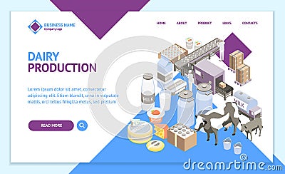 Milk Factory Landing Web Page Template 3d Isometric View. Vector Vector Illustration