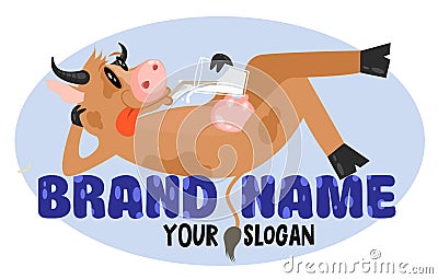 Funny cartoon cow lies on the letters and drinks milk. Cow milk farm logo design vector template. Fresh organic meat farmer produc Vector Illustration