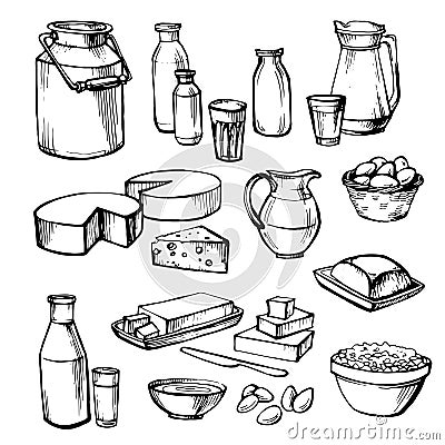 Milk and farm products on a white background. Vector Illustration