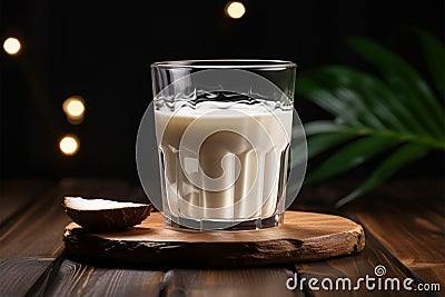 Milk filled glass glistens, tempting on the wooden tabletop Stock Photo