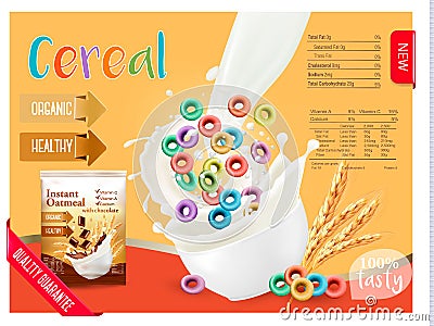 Milk flowing into a bowl with cereal. Design element for packaging and advertising. Vector Illustration