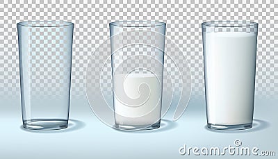 Milk glass. Half cup, empty and full, transparent water drink, cow beverage, bottle, morning dairy beverage product Vector Illustration