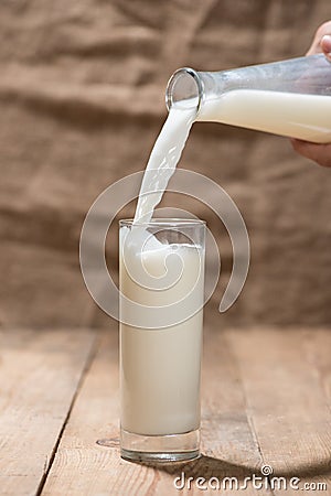 Milk. Image of Milk fall into glass. Stock Photo