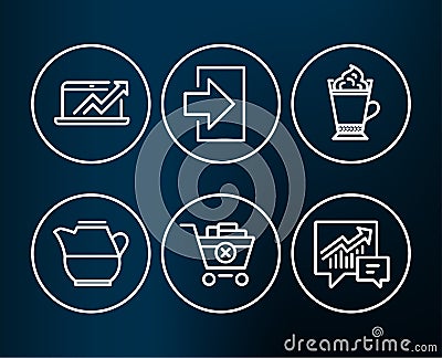 Milk jug, Remove purchase and Latte coffee icons. Login, Sales diagram and Accounting signs. Vector Illustration