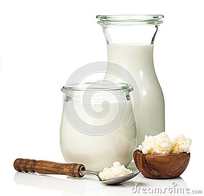 Milk kefir grains. milk kefir, or bÃºlgaros, Stock Photo