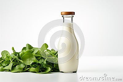 Milk, kefir or salad dressing in a bottle on a white background with fresh green salad Stock Photo