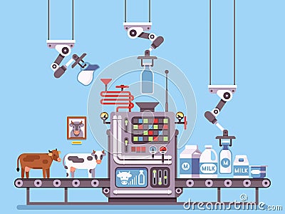 Milk manufacturing, stage processing on conveyor, dairy products industrial management vector concept Vector Illustration