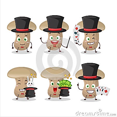 A milk mashroom Magician cartoon character perform on a stage Vector Illustration