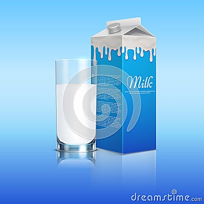 Milk pack realistic with glass cup on blue background. Vector template Vector Illustration