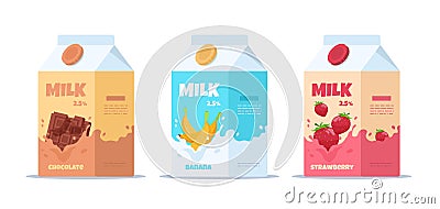 Milk package. Sweet milk with different tastes, cartoon containers with dairy products for kids. Vector strawberry Vector Illustration