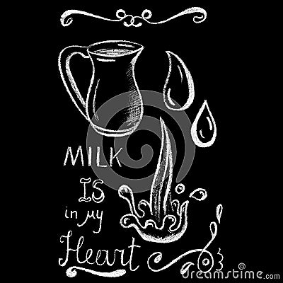 Milk pitcher white chalk on blackboard. Coffee shop or cafe menu handdrawn illustration and lettering. Cartoon Illustration